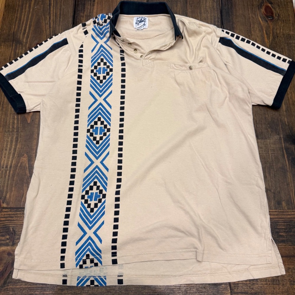 Rodeo Active MenTan Blue Geometric Tribal Print Cotton Polo Shirt‎ western Large